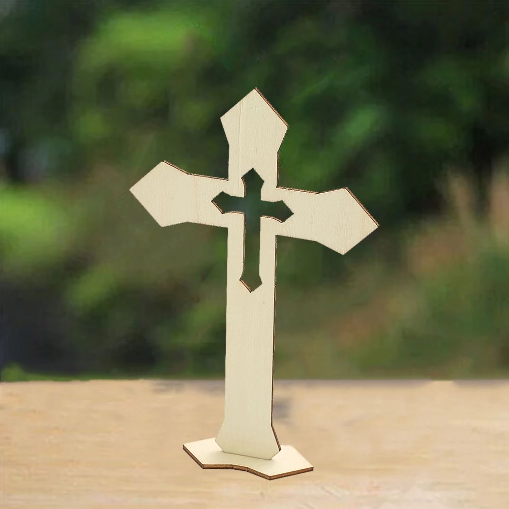 2pcs Blank Unfinished Wood Standing Cross DIY Craft Christian Religious Tabletop Decor Church Baptism Gift Ornament