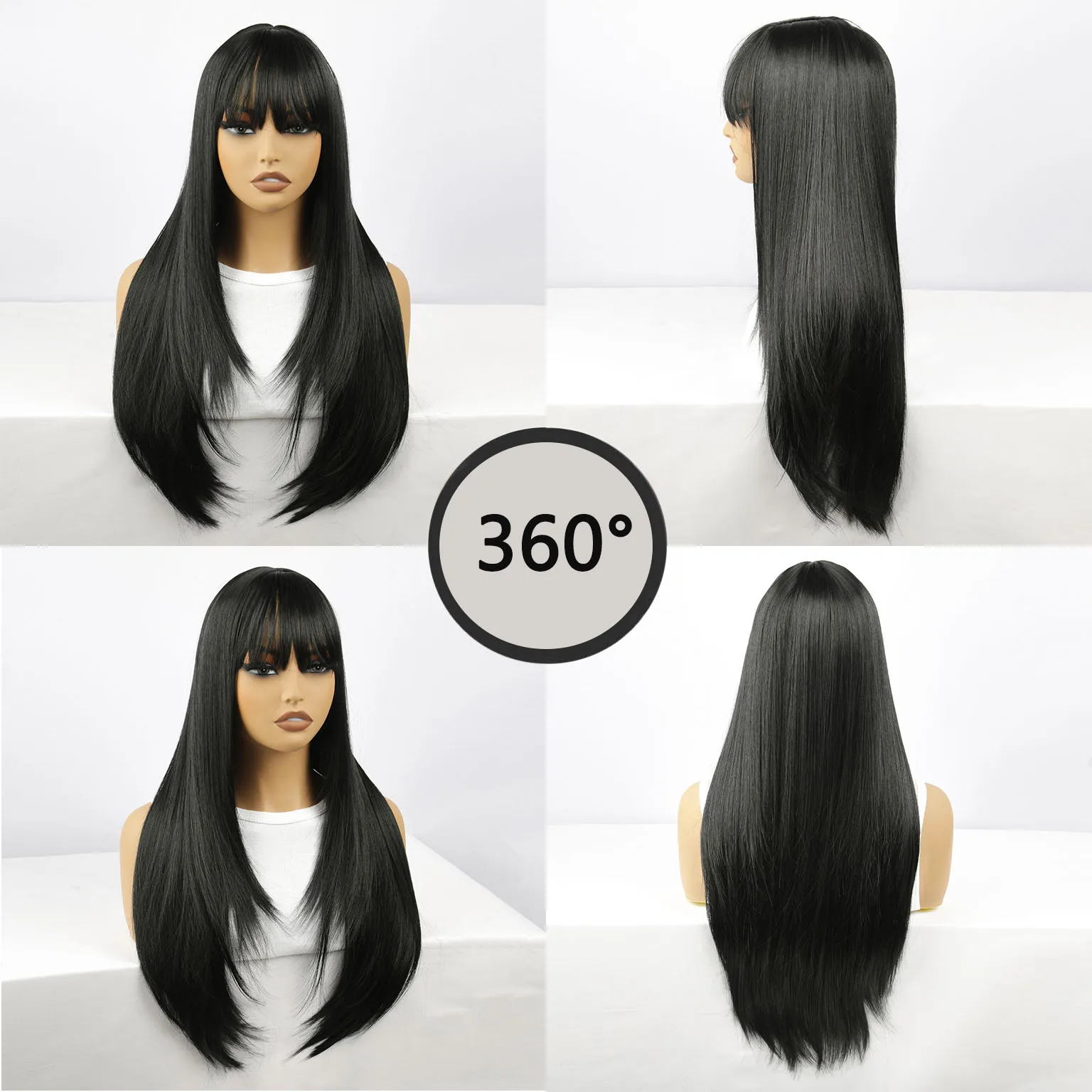 باروكة سوداء متوسطة إلى طويلة مستقيمة مع غرة، مصنوعة من ألياف صناعية مقاس 26 بوصة، مثالية للعب الأدوار، والهالوين، والحفلات، وما إلى ذلك