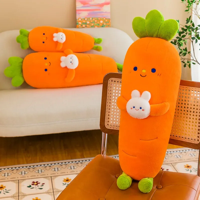 Cute Cartoon Carrot Pillow Dolls para crianças, brinquedos macios de pelúcia, tamanho grande, sorriso de planta, coelho, vegetal, presente