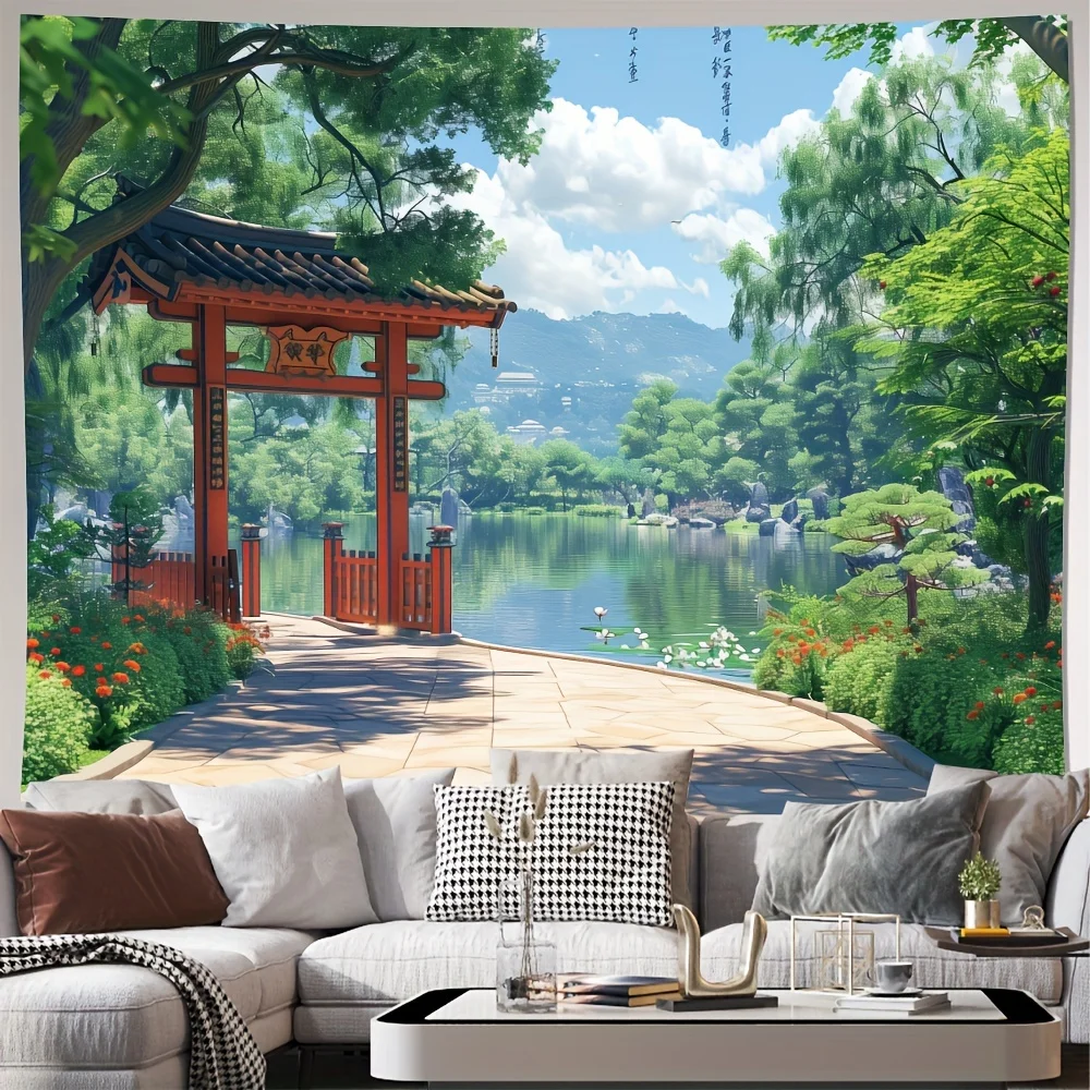 Tranquil Japanese Torii Gate Tapestry 2D Digital Print Polyester Wall Hanging Living Room Bedroom Office Decor with Hooks