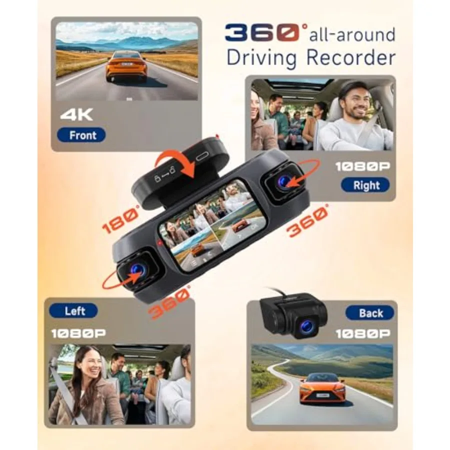 4K 360 Dash Cam for car use, metal housing, black, 4-channel front/rear/inside/side recording with WiFi, APP control, built-in view 3