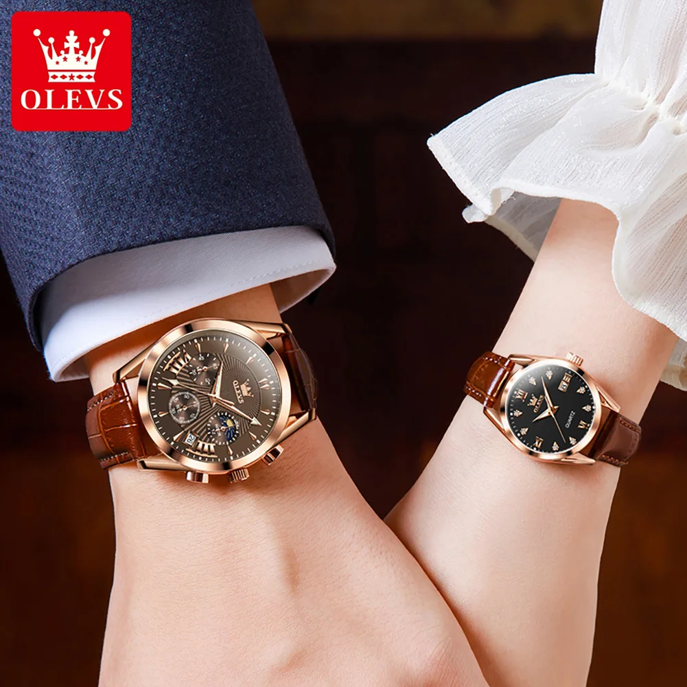 OLEVS-Relógio Quartzo Impermeável Masculino e Feminino, Relógios Casal, Relógios de Pulso de Couro de Luxo, Casual Lovers Watch