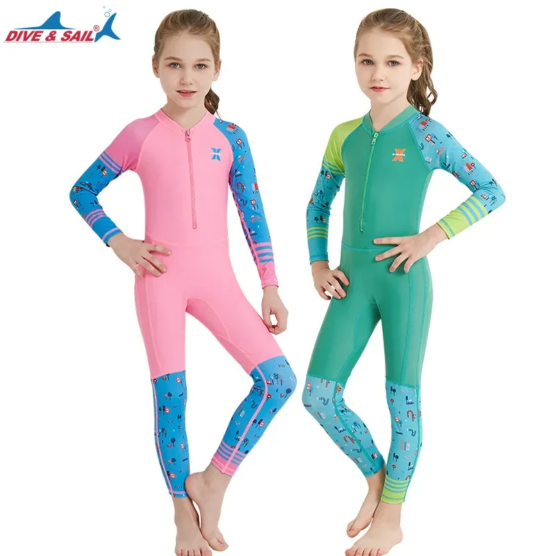 for DIVE & SAIL Kids Wetsuit One Piece Long Sleeve Quick Dry Sunscreen Swimwear Boys Girls Outdoor Swimming Suit