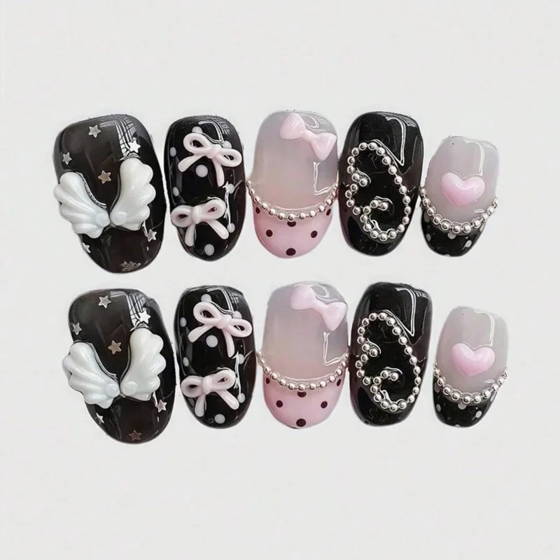 10 piezas de uñas postizas cortas circulares hechas a mano, hermosas uñas postizas, lazo rosa dulce y moderno, adecuadas para que las mujeres las usen.
