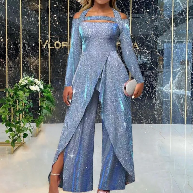 

2024 New Faion Sexy Sequin Long Dr Independent Station Commute Jumpsuit Slanting Lapel Middle Waist Ele Busin Suit