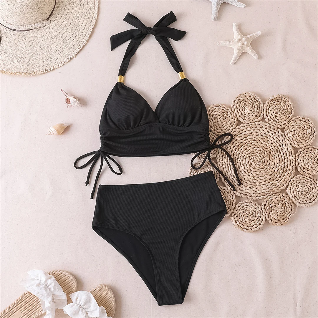 S - XXL 2026 Gerippter Neckholder-Bikini mit mittelhohem Bund, Damen-Badeanzug, zweiteiliger Bikini-Set, Badebekleidung, Badeanzug, Schwimmanzug V6447 – Detail 12
