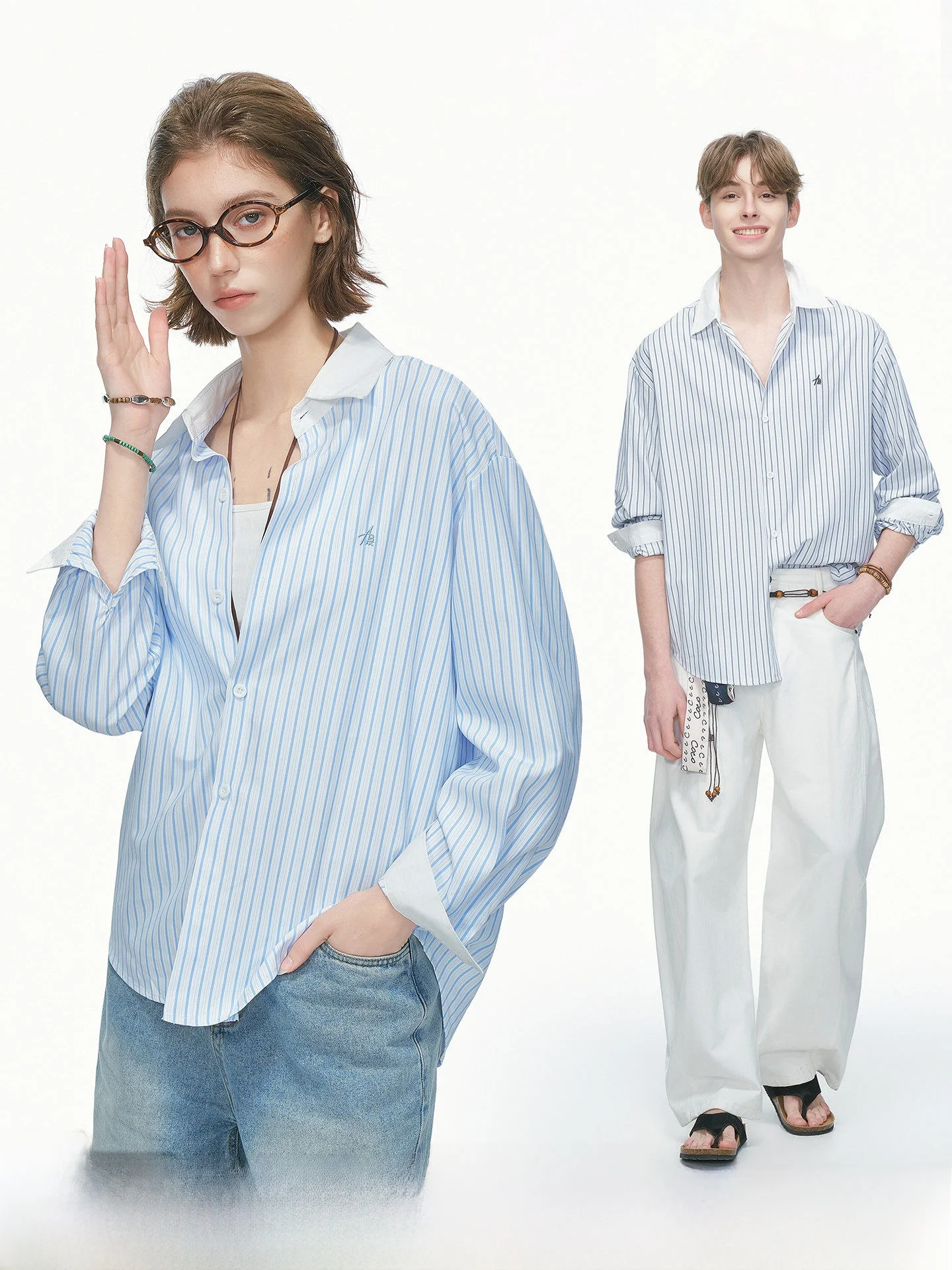 

Blue Striped Long Sleeve Casual Shirt Thin Summer Men Women Commuting Couple Embroidery Shirt Breathable Loose Fit Polyester ...