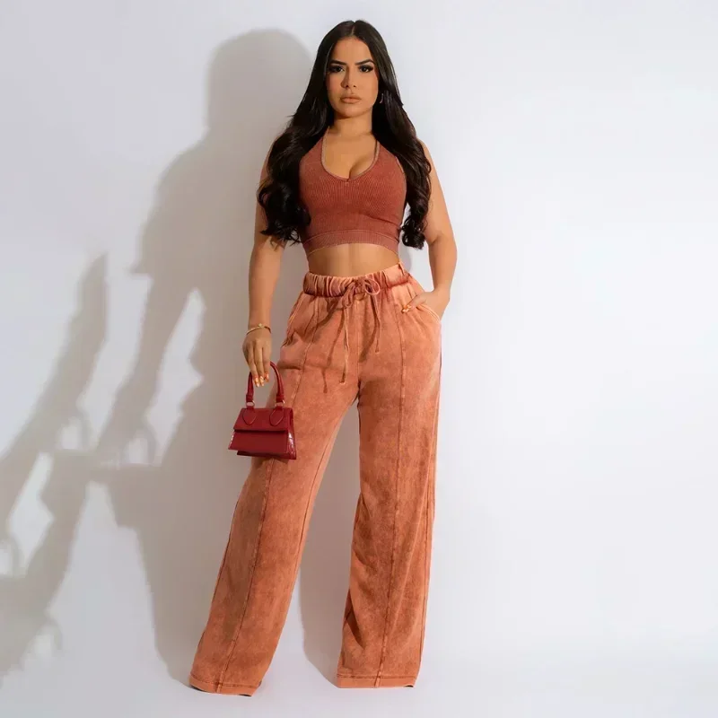 

GUWU Fashion Wide Leg Pants Set with Knit V-neck Tank Matching Two 2 Piece Set Outfits Summer Active Women Tracksuit