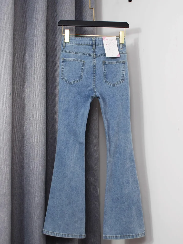 Women High Waist Jeans Floral Embroidery Nailed Bead Inlaid Diamond Pearls Split Denim Micro Flared Pants Cowboy Trouser Female