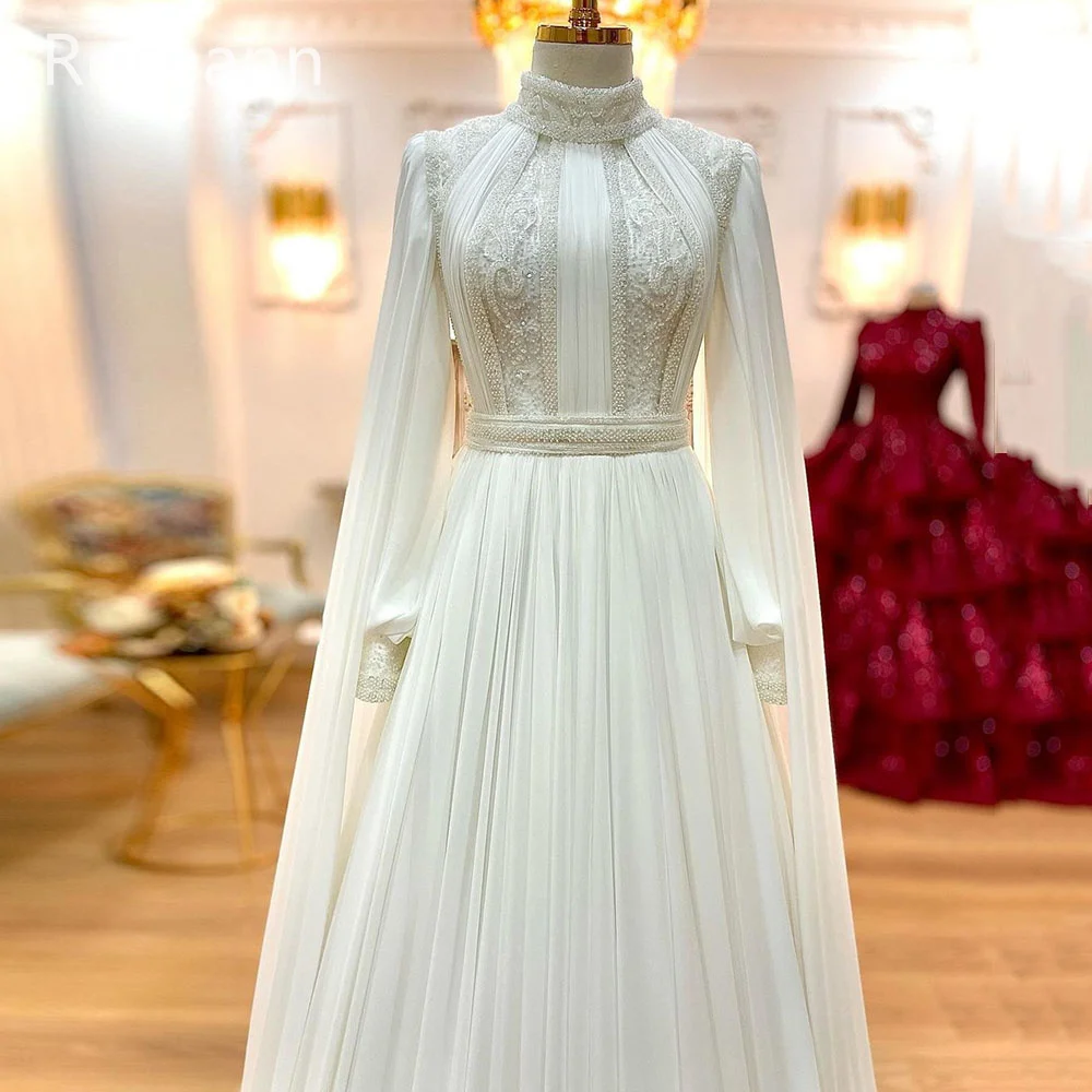 Muslim A-line Wedding Dresses 2023 New Design Paillette Pearls High Collar Applique Satin Bride Gown Floor Length robe de mariée