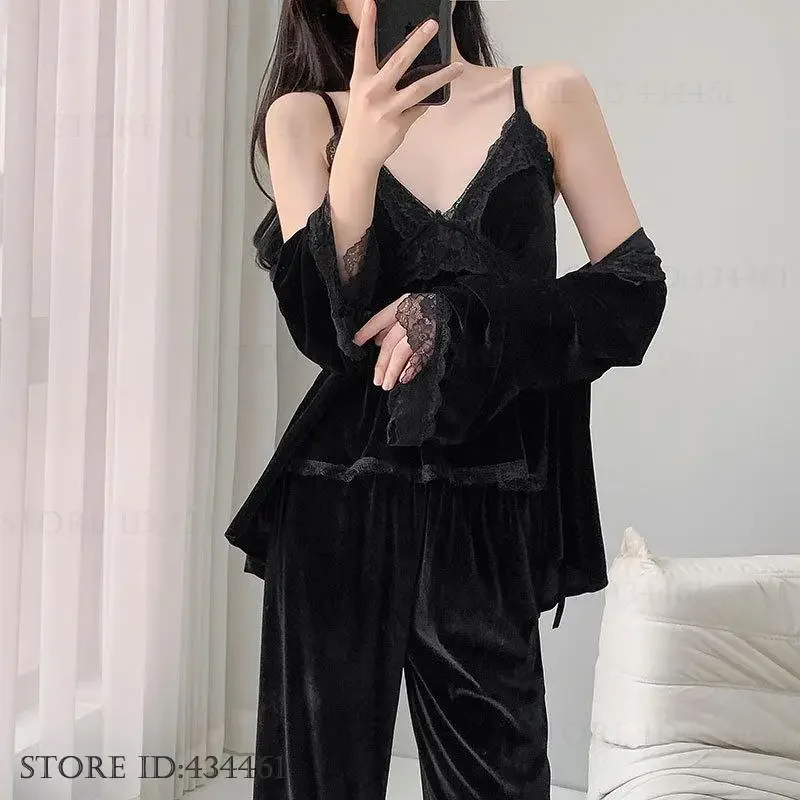 

Черный бархатный пижамный комплект из 3 предметов, одежда для сна, сексуальный кружевной кардиган с длинными рукавами, брючный пижамный костюм, свободный повседневный велюровый домашний костюм, пижама