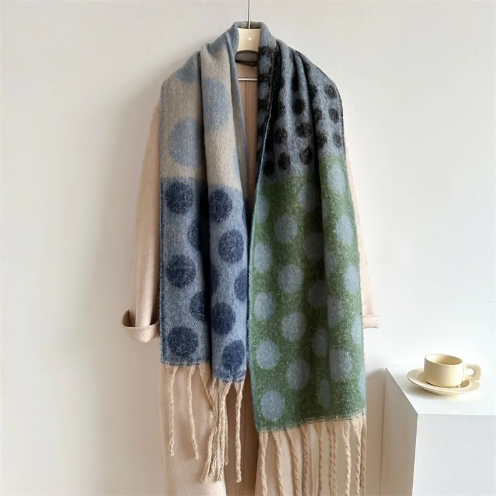 Luxury Feel Soft Faux Cashmere Scarf Thick Long Tassels Polka Dot Pattern Shawl Large Retro Style Blanket Scarf Casual