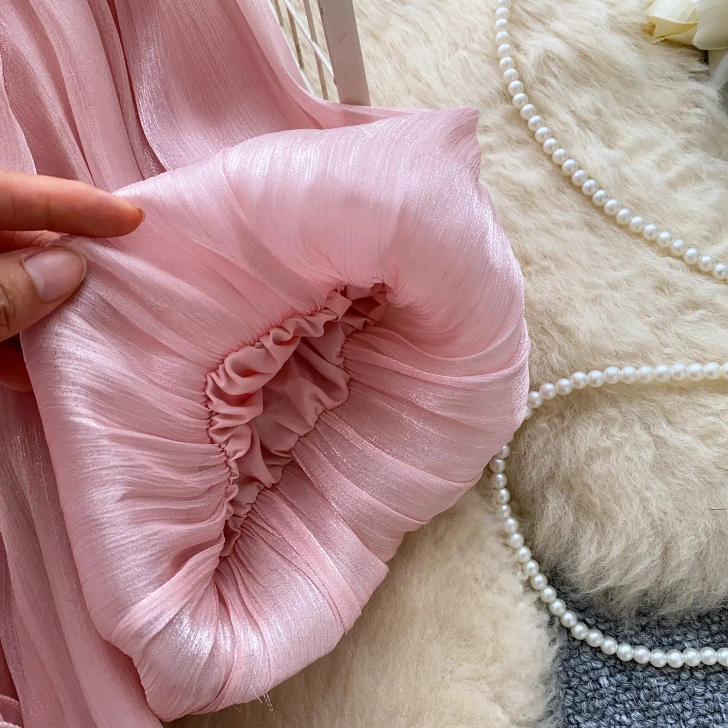 French Royal Style Blouse for Women Summer Satin Silk Short Sleeve Lantern Sleeve Ruffle Shirt Elegant Office Wear Female BL436 view 5