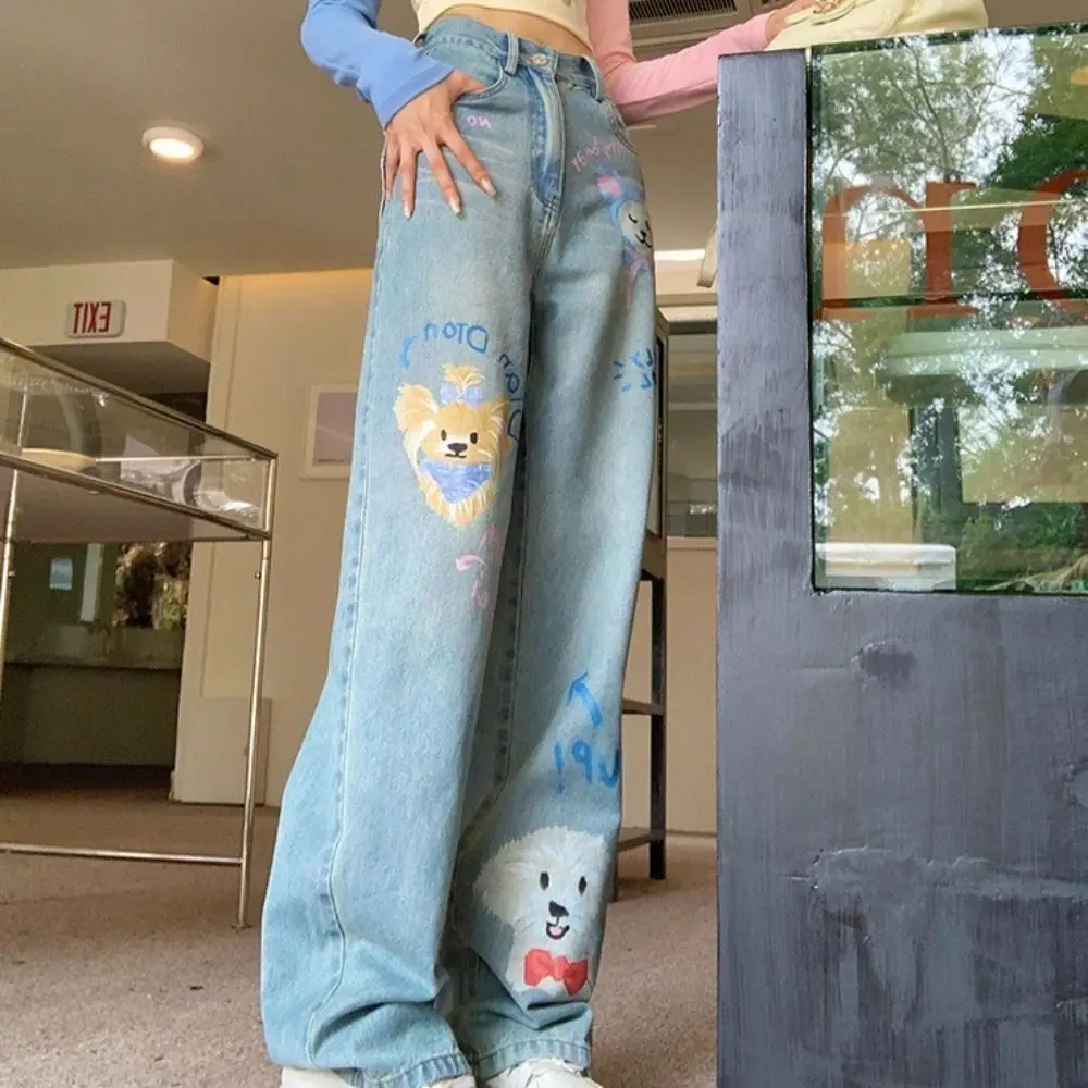 

Baggy Dog Animal Jeans Women Y2K Ins Loose Straight Denim Trousers Wide Leg High Waist Cartoon Cowboy Pants Girls