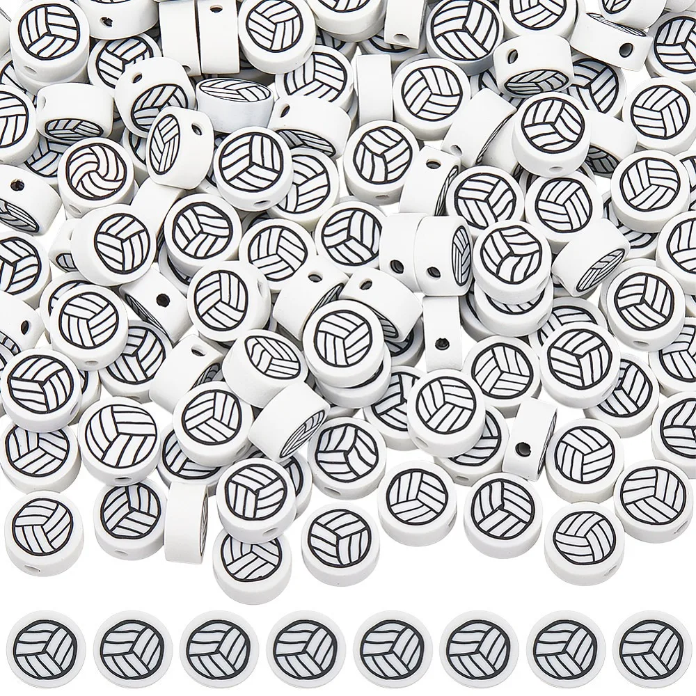 

200Pcs Handmade Polymer Clay Beads Volleyball White 9x4.5mm Hole: 1.8mm