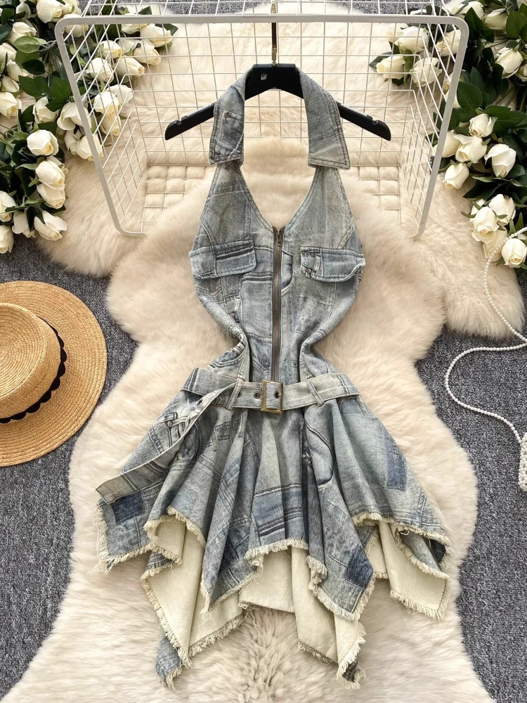 

Y2k Harajuku Vintage Denim Dresses Halter Sleeveless Sashes Raw edge Irregular Dress Sexy Spice Girls Female Slim Women Clothing