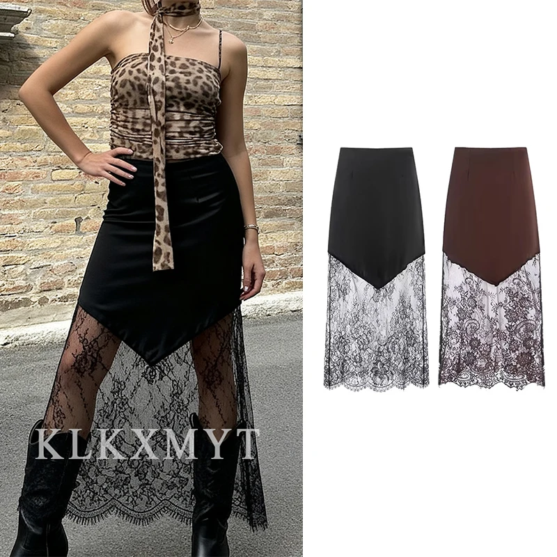 Women Wrap Skirts 2025 Women Autumn Fashion Solid Color Lace Splice High Waist Skirts Women Elegant Party Skirts