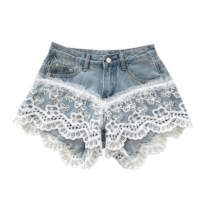 2025 여성 봄 여름 신상 섹시 핫걸 슬림 A라인 와이드 핫팬츠 스윗 레이스 스플라이싱 데님 숏팬츠