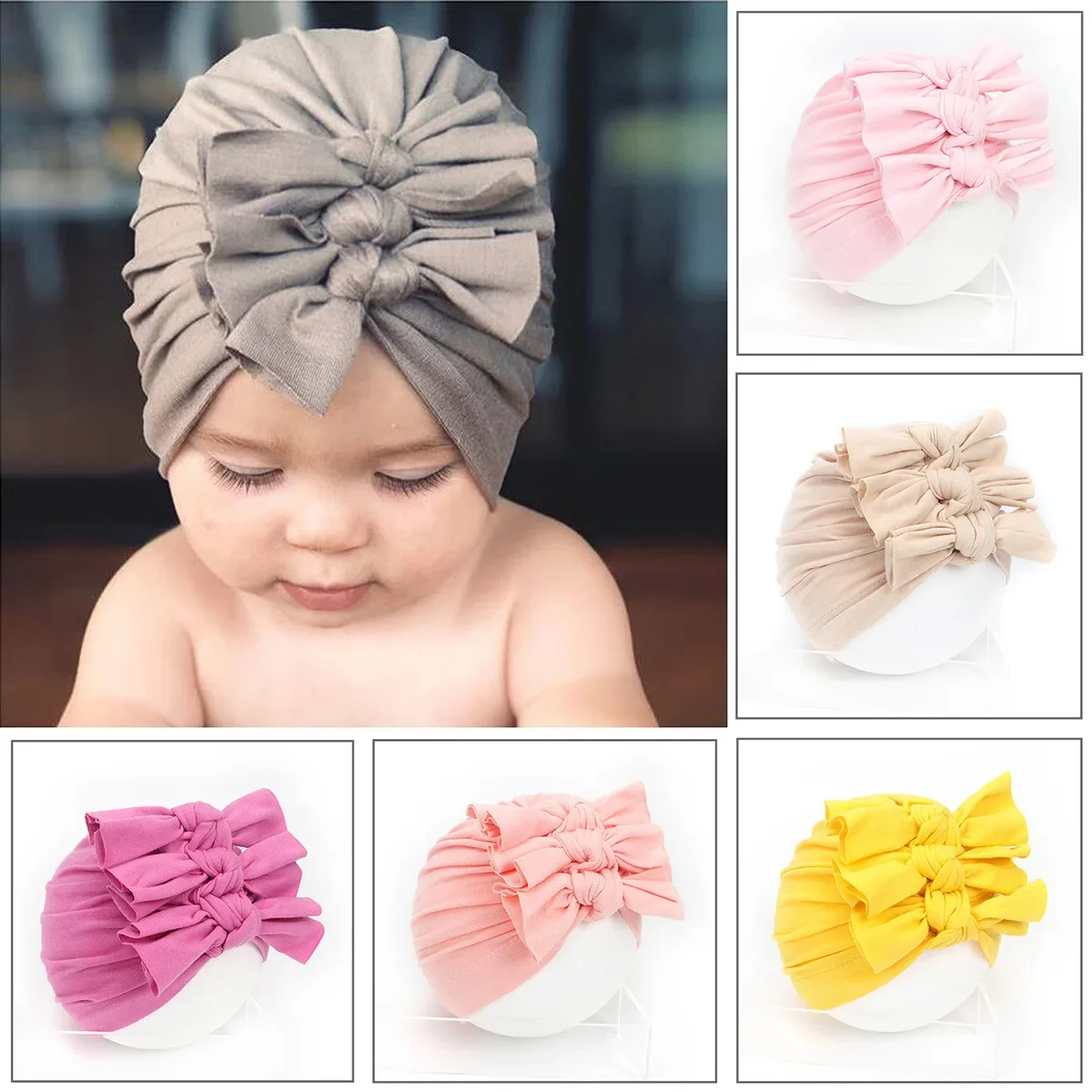 Cute 1PCS Folds Knotted Bow Indian Baby Knitted Hat Newborn Infant Kids Boy Girl Turban Flower Beanie Caps Headwear Photo Props