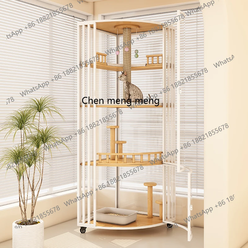 

Small apartment corner full door cat villa triangular fan cat cage solid wood glass cat house