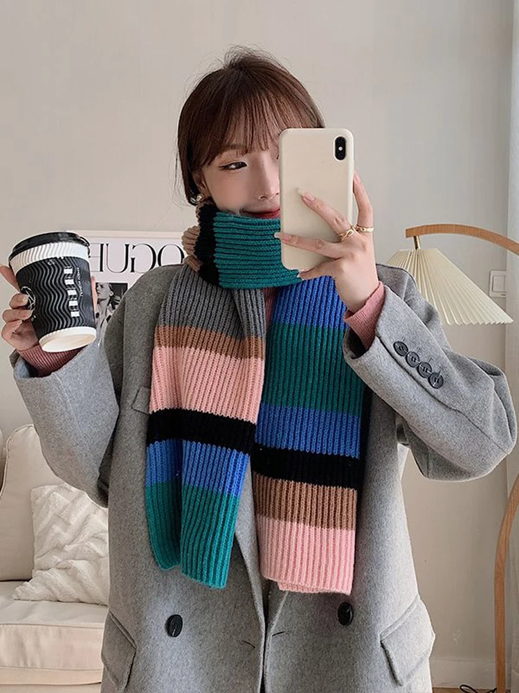 Winter Contrast Color Rainbow Knitted Striped Scarf Korean Outside Cold-proof Men and Women Couple Scarf Luxury Designer Hijab