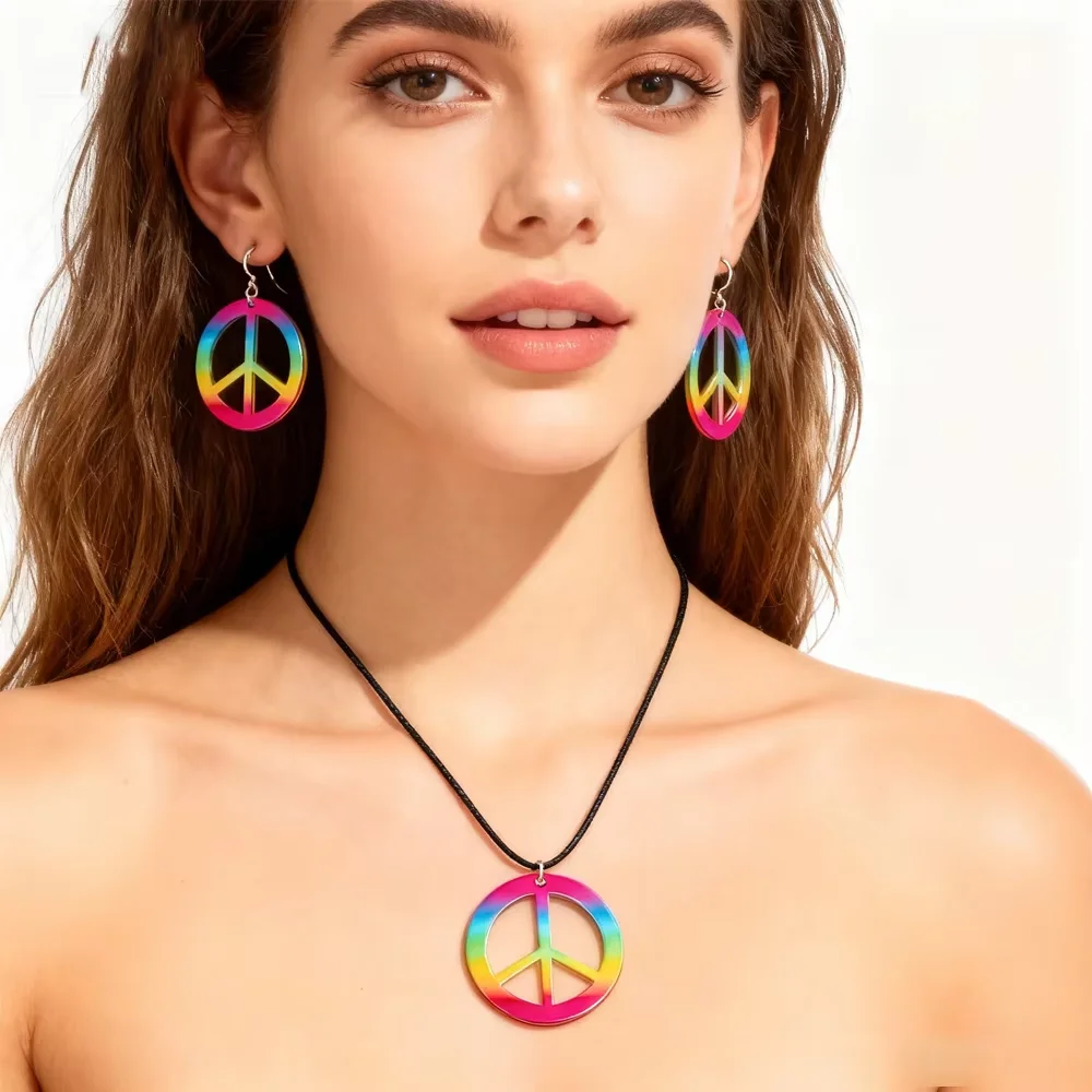 PESENAR 1960er Jahre Stil Regenbogen Friedenszeichen Schmuckset Halskette und Ohrringe für Retro Vintage Hippie Kostüm Party Zubehör