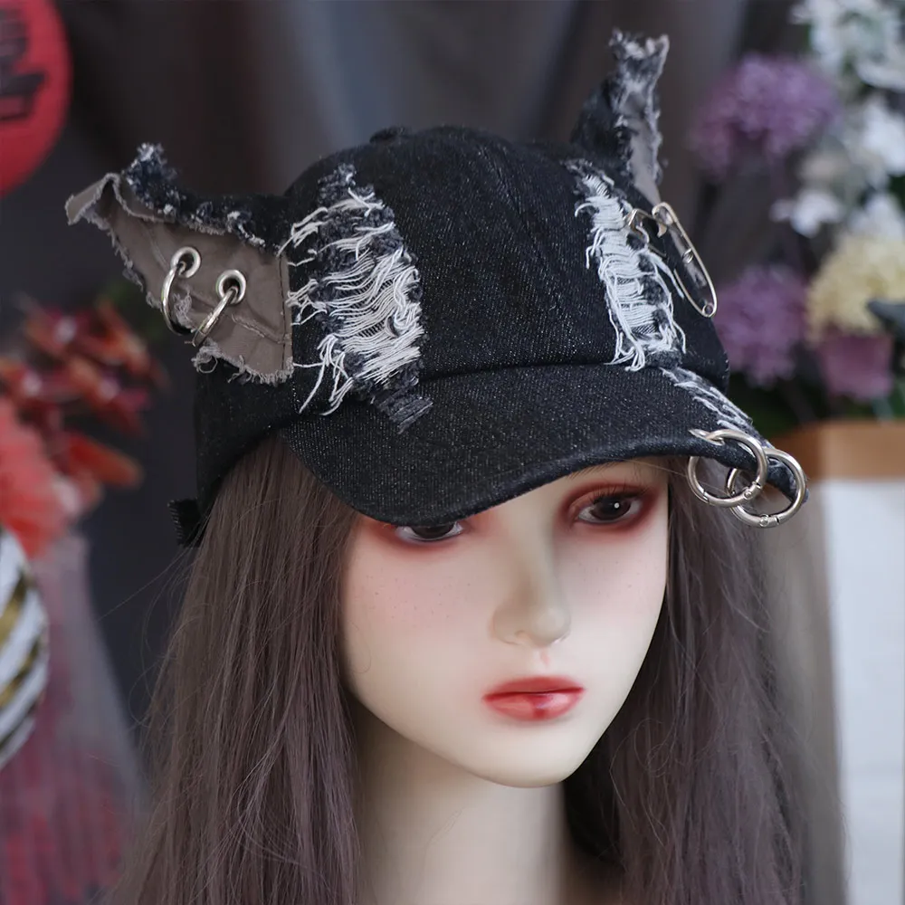 Apparel Accessories Rabbit Ripped Denim Baseball Cap Y2K Puppy Chains Doberman Ears Hat Retro Punk Bunny Ears Snapback Cap Men