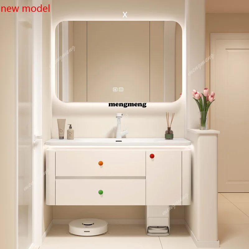 

H134Ceramic Integrated Basin Cabinets Cream-style Solid Wood Lacquered Storage Bathroom Cabinets Washbasin Furniture Armoire