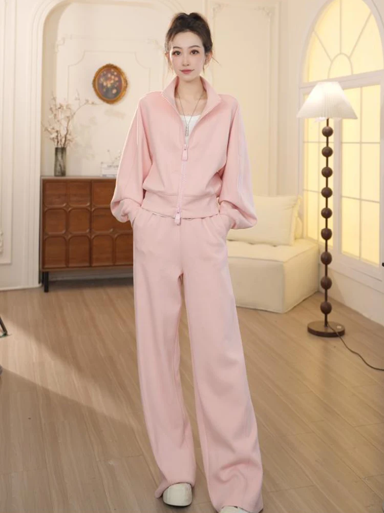 

Женский спортивный повседневный комплект Весна 2026: Новинка! Кардиган на двойной молнии с воротником-стойкой и прямые широкие брюки