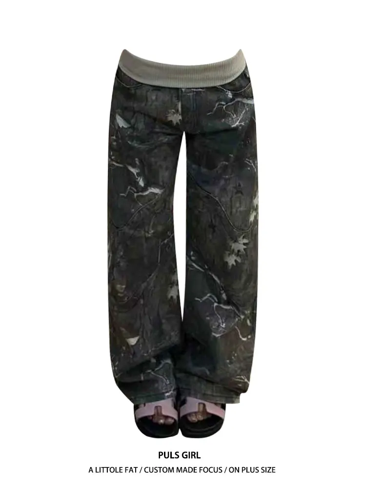 

High Waist Wide Leg Jeans Women's Loose Fit Washed Camo Ribbed Waist Knife Casual Style Spring Summer Autumn New Arrival