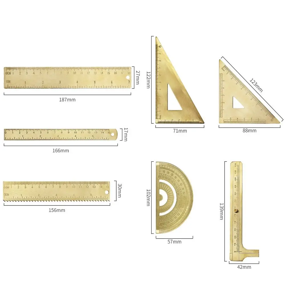 Vintage Brass Straight Ruler Stationery Gold Bookmark Painting Drawing Tools Measuring Tool Metal Triangle Ruler Protractor