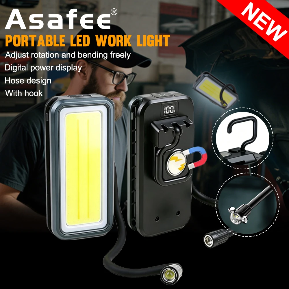 Asafee K587 rechargeable work light with magnetic hook  COB+LED bendable hose light 2000mAh digital display repair Flashlight
