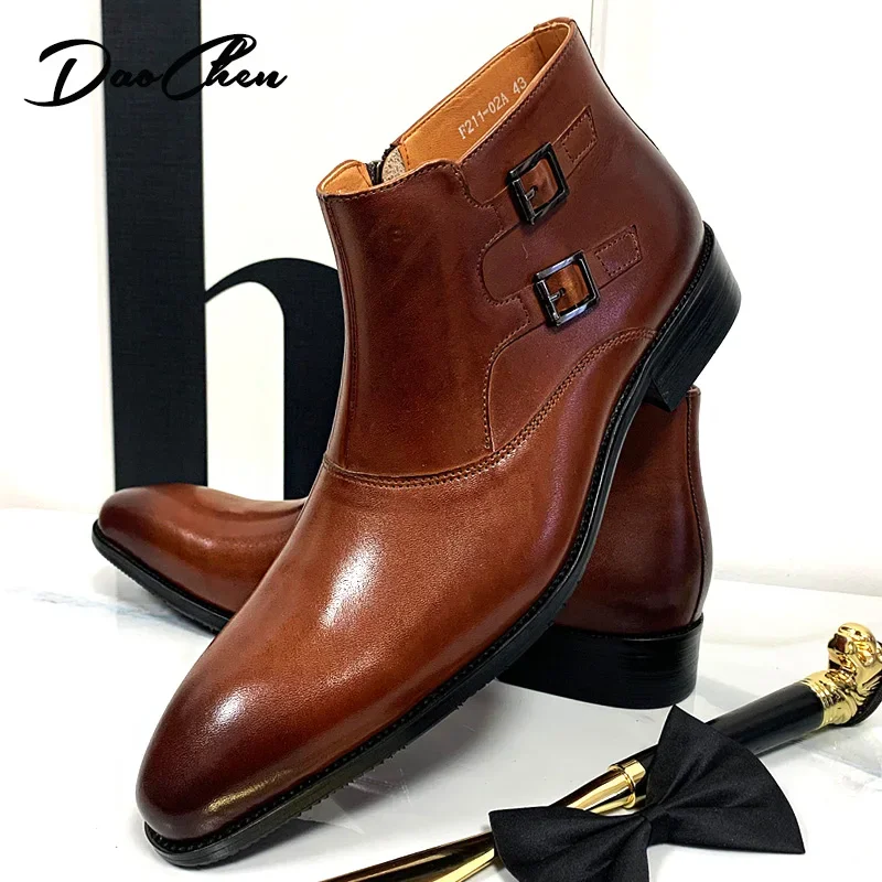 LUXURY BRAND MEN LEATHER BOOTS BROWN BLACK BUCKLE STRAP ANKLE BOOTS CASUAL DRESS MEN SHOES OFFICE WEDDING BOOTS FOR MEN