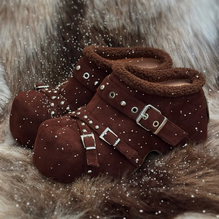 

2025 Winter Fashion Thick Bottom Slope Heel Thick Warm Slippers Fashion Shoes Punk Style