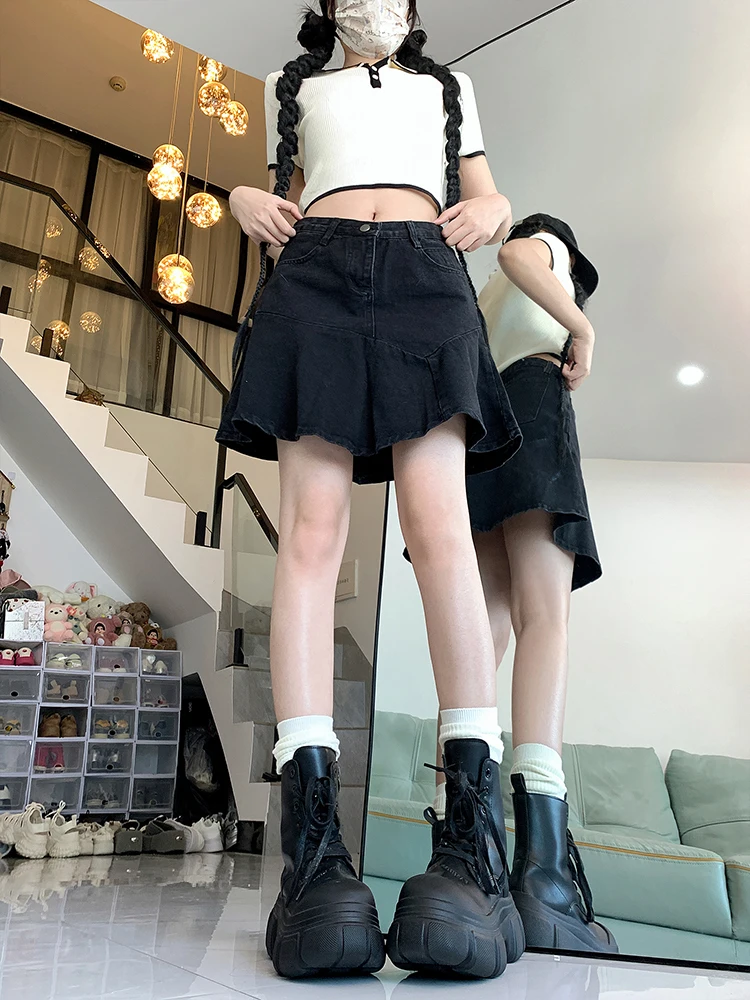 Falda acampanada de cintura alta, faldas vaqueras para mujer con dobladillo de encaje, faldas coreanas Sle con cierre de cremallera para ir al trabajo