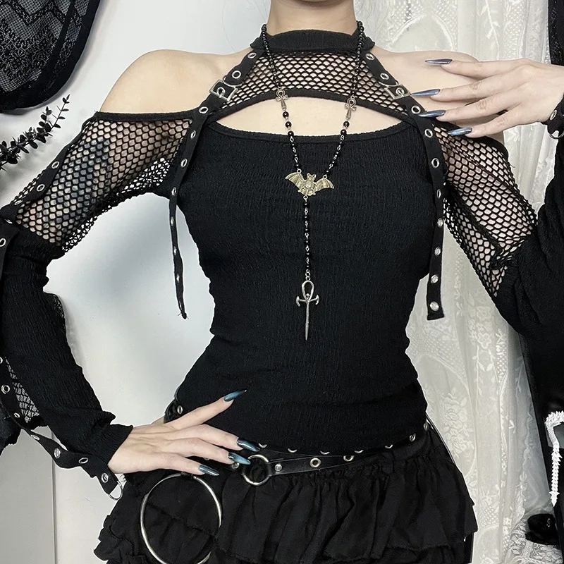 

Large Y2k Gothic Style Fishing Net Hanging Neck Vest Punk Hollowed Out Black Sleeveless Short Top