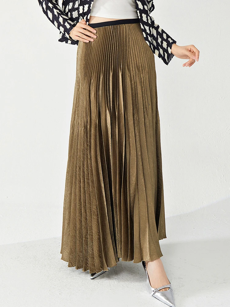 LANMREM Elegant Pleated Long Skirt Women Elastic High Waist Solid Color A-line Loose Skirts Fashion Party Spring New 2AA5100