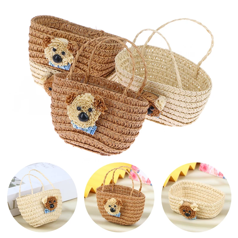 1pc Dollhouse Mini Weave Storage Woven Picnic Baskets Straw Handbags Beach Bag Dolls House Dollhouse Decoration Accessories