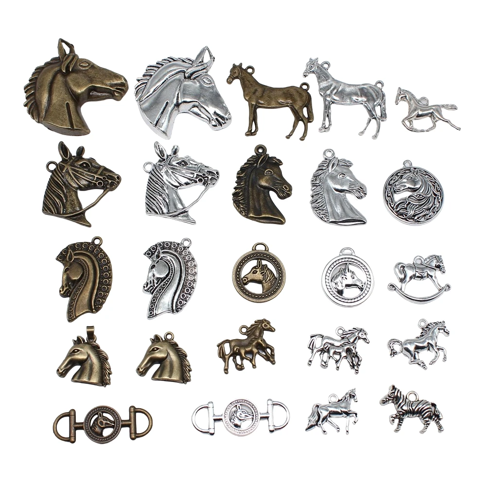 5pcs Charms Horse & Horse Head Antique Bronze Silver Color Pendants Antique Jewelry Making DIY Handmade Craft