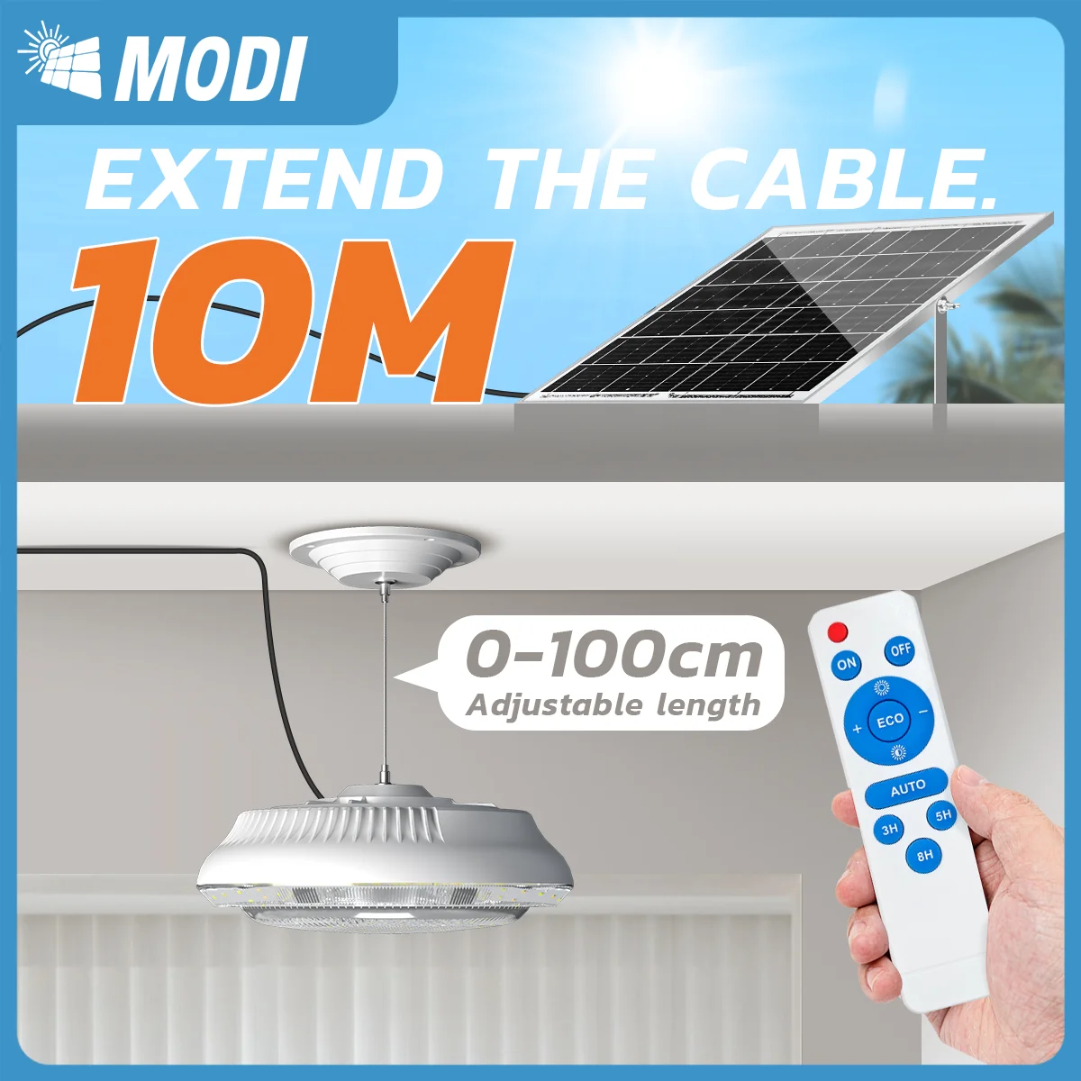 

MODI 100W Solar Ceiling Light: Tri-Color Adjustable Illumination, with a 10M Cable and Remote Control Switch