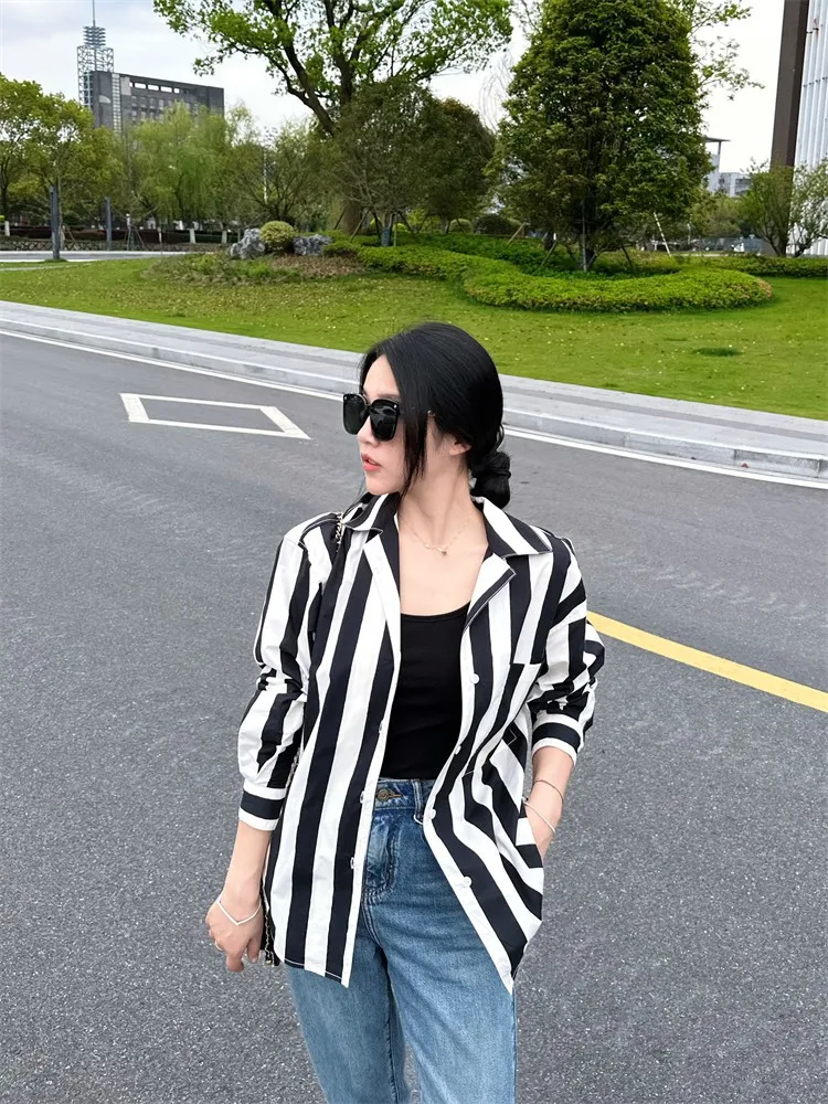 

Casual Chic Striped Long Sve Cotton irt Women's Loose Fit Pure Cotton Button up Top Spring 2023 Commute Sle