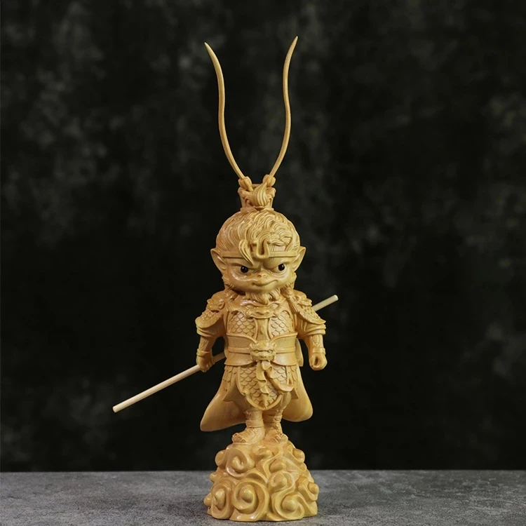 

19CM Cartoon Sun Wukong Sculpture Boxwood lucky buddha Statue Cute Monkey King Winning Buddha Home Decor