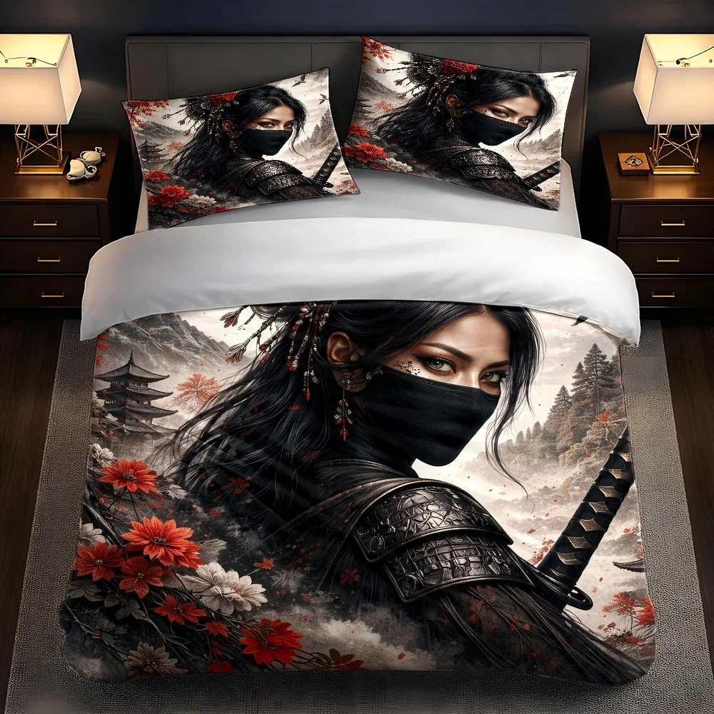 3Pc Japanese-Style Samurai Duvet Cover Set, Three-Piece Bedding Set (1*Duvet Cover + 2*Pillowcases), Suitable for All Seasons, Machine Washable, Invisible Zipper Design, Suitable for Large Double Beds, Universal for Home, Dormitory, Master Bedroom, Guest Room, Traditional Floral and Landscape Patterns, Retro Armor Elements, Creating an Oriental Zen Sleep Space, Cross-Border Best-Selling Bedding, Comfortable and Skin-Friendly Bedding Set