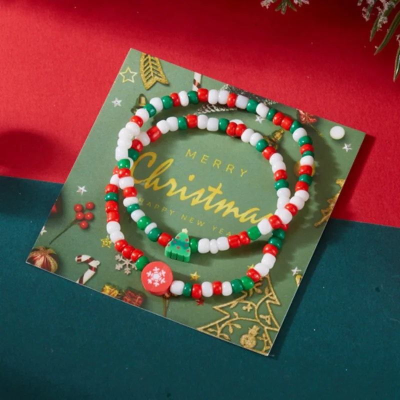 Christmas Colorful Rice Beads Bracelets for Women Polymer Clay Santa Claus Snowman Snowflake Bracelet New Year Holiday Jewelry