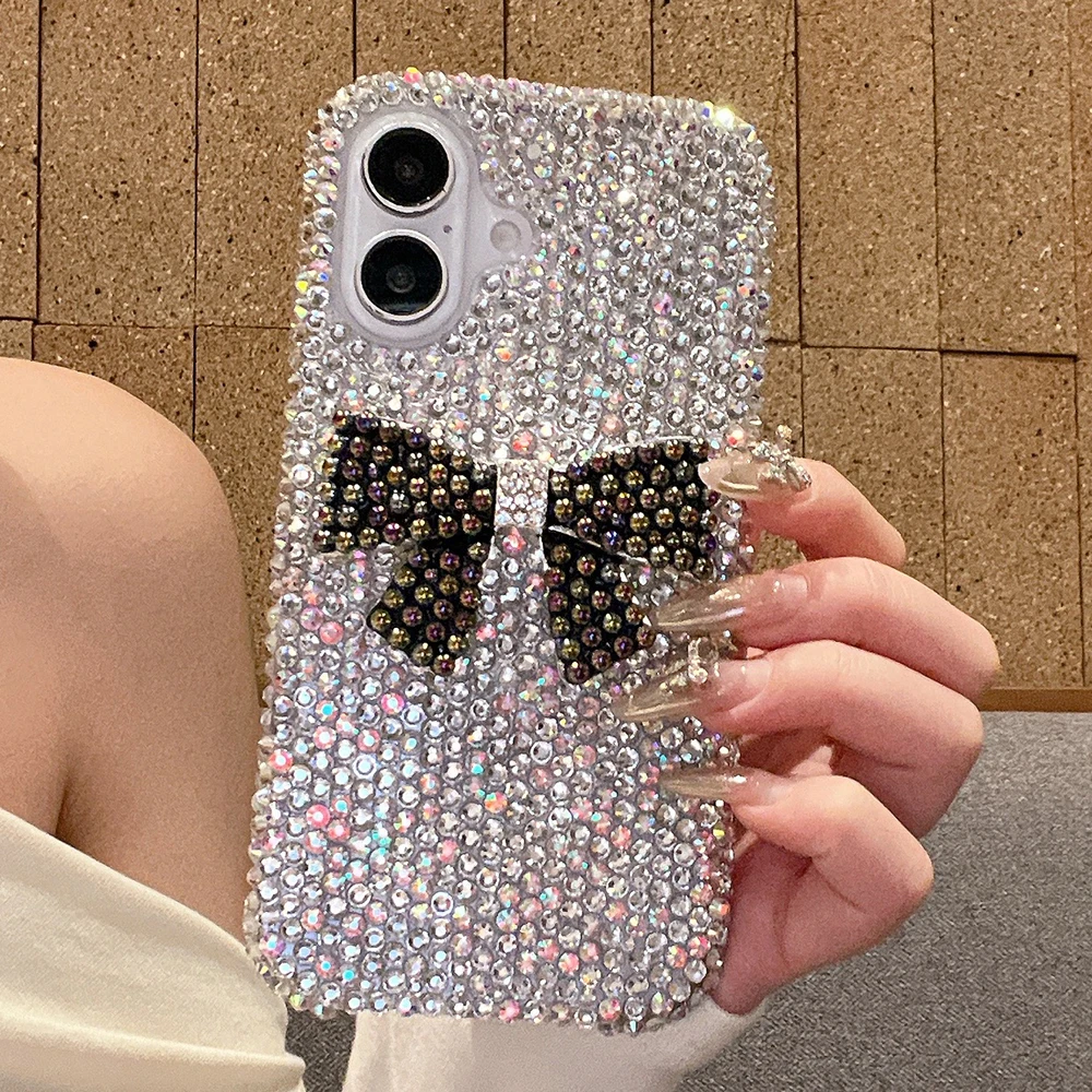 

Pearl Bowknot Bling Diamond Glitter Bow Phone Case for IPhone 16 15 14 Plus 13 12 17 Pro Max Air 11 Protective Girl Case Cover