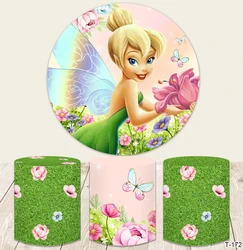 Fairy Tinkerbell Round Backdrop Birthday Party Green Photo Background Tnker Bell Theme Party Cake Table Decorations Plinth Cover