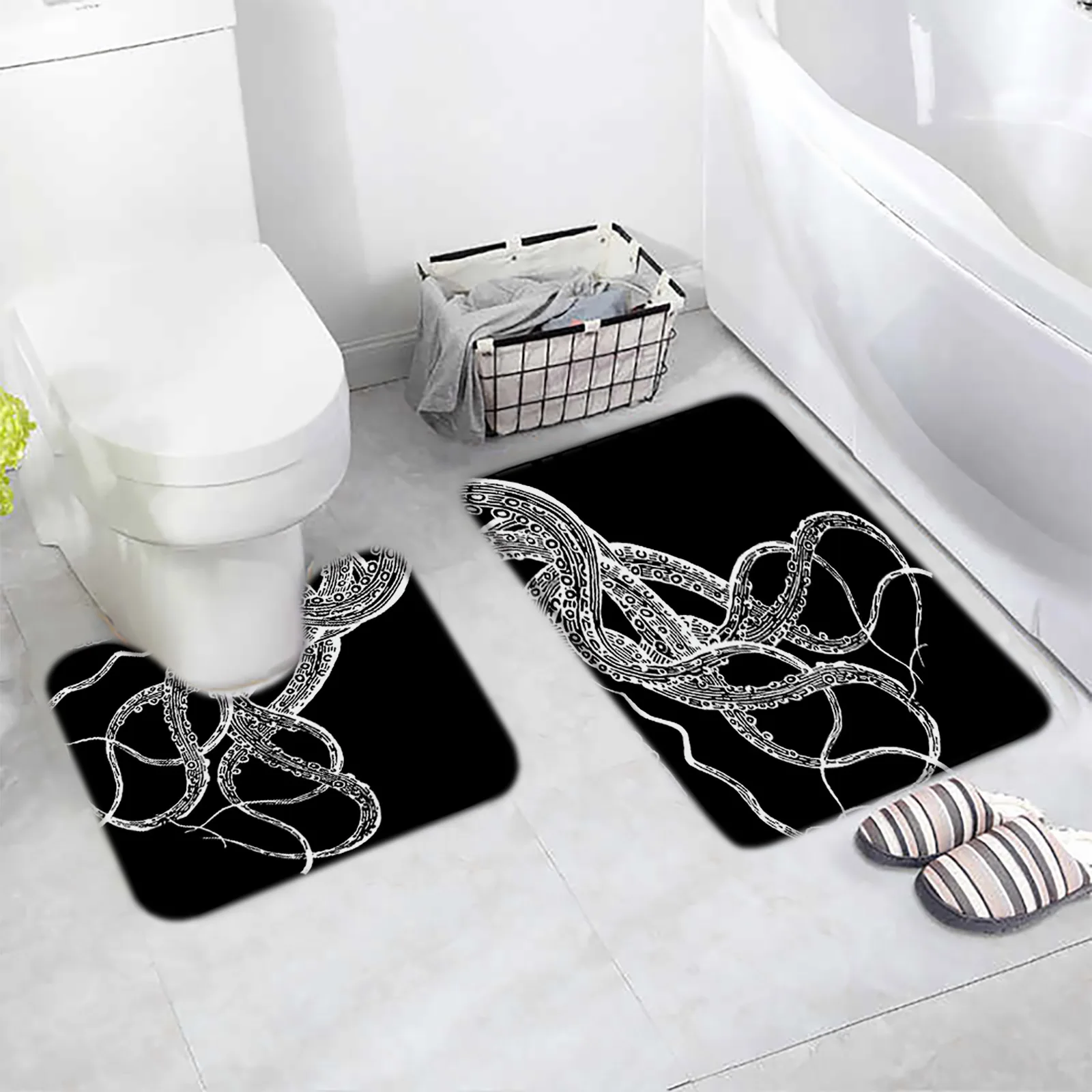 Black and White Octopus Bath Mat Set Funny Sea Marine Life Tentacles Home Floor Carpet Bathroom Decor Non-Slip Rug U-Shaped Pad