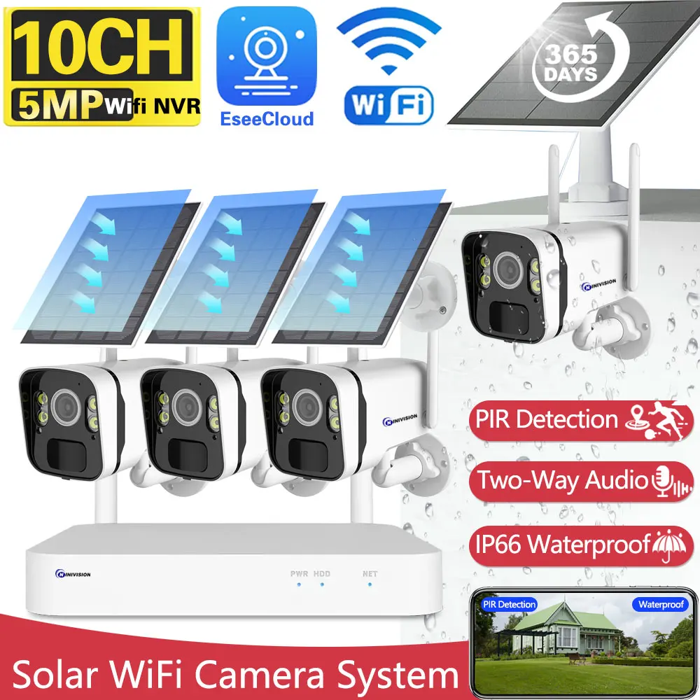 

10CH 5MP WIFI NVR Solar Panel Battery Security Powered Wireless 4MP Camera System Home IP Solar Two Way Audio CCTV Camera Kits