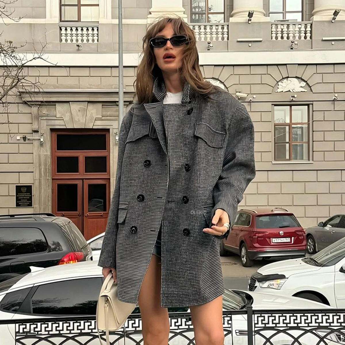 

Houndstooth Wool Women's Autumn Coat Turn Down Collar Double Breasted Female's Suit Jacket Daily Commute Outwear For Lady