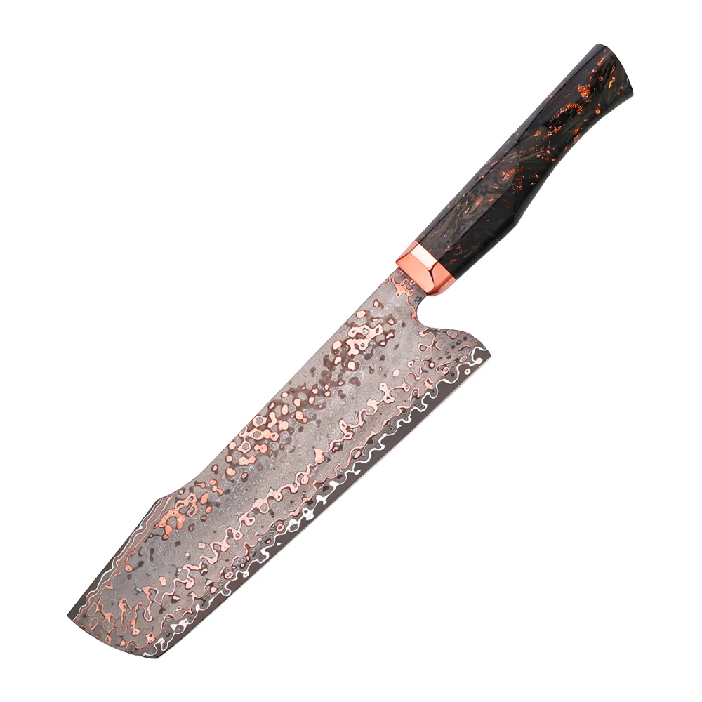 YAN Japanese Hitachi 5PCS 129 Layers Copper Damascus SKD11 SLD Nakiri Kitchen Knife Copper Bolster Carbon Fiber Handle